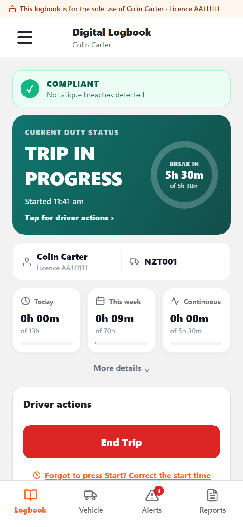 Cartrack Digital Logbook app screenshot